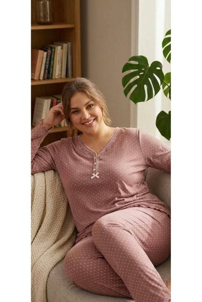 Miss Melina Large Size 100% Cotton Long Sleeve Women's Pajama Set Powder