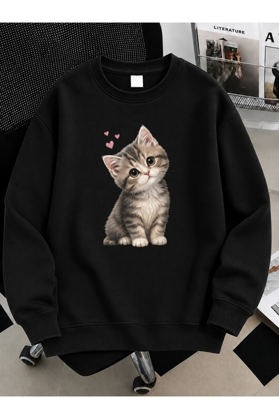 JAMPY Kadın PONÇİK Özel Baskılı Renkli Oversize Pamuklu Bisiklet Yaka Sweatshirt