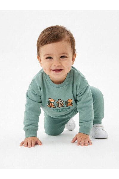 Kids Kingdom Pamuklu Sırt Figürlü Smile Detaylı Erkek Bebek 2li Takım Yeşil