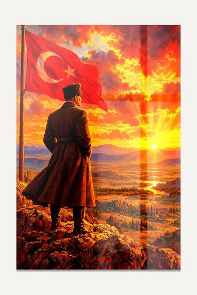 Cam Tablo Atatürk Kocatepe Şafağı 1922 Türk Bayrağı ve Gün Doğumu Temperli
