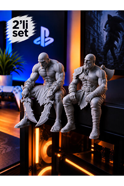 God of War Kratos 2’li Figür Seti – Genç ve Yaşlı Kratos 3D Baskı Oyuncu Odası Dekoru, Masaüstü ve Bilgisayar Kasası Süsü