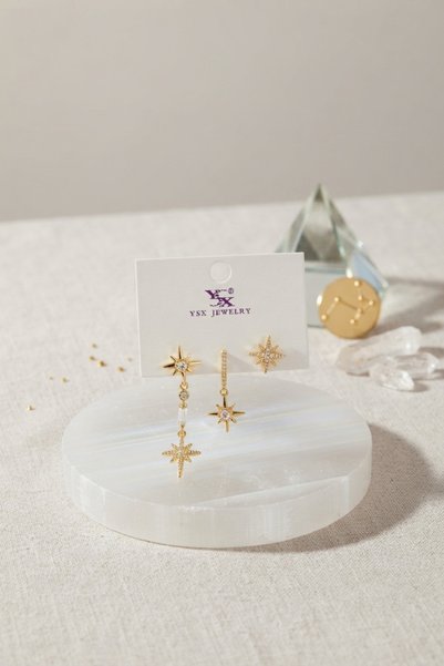 Skygo Brass Gold Color Zircon Stone Pole Star Model Women's Earring Set Tj-Bk...