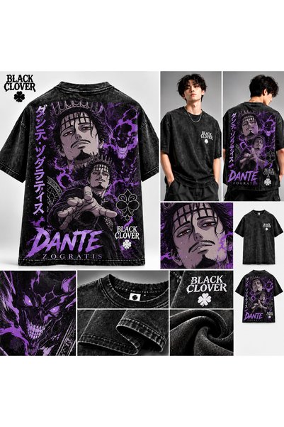 classy moda Black Clover Dante Zogratis: Μαύρο oversized φανελάκι με τύπωμα σ...