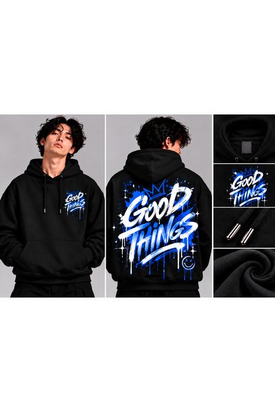 classy moda سويت شيرت أسود كبير الحجم مطبوع عليه Good Things Graffiti مع جيب ...