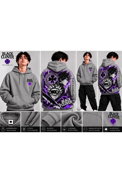 classy moda Black Clover Asta and Yuno Purple Detailed Back Print Oversized H...