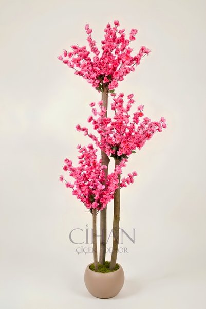 Cihan Çiçekçilik Premium 150 cm Yapay Pembe 3 Gövdeli Bahar Dalı Ağacı - 27x33 Küre Saksılı