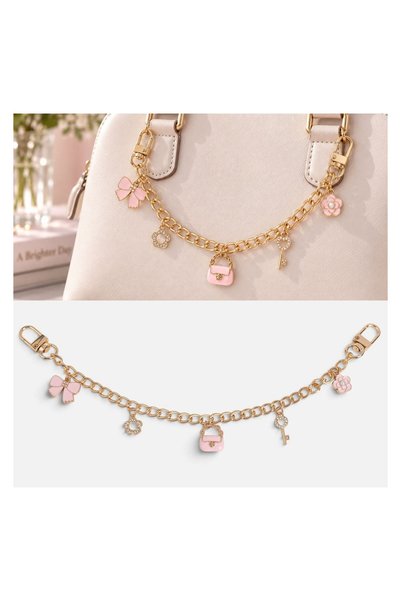 OEM Breloc Charm Lant Auriu cu Funda Cheie Flori si Geanta Roz 28 cm – Acceso...