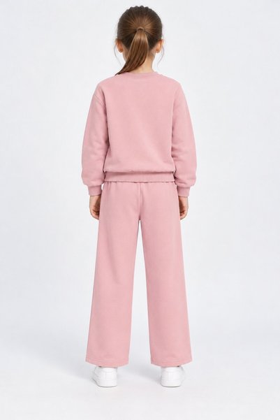 CansınMini Salmon Girls' Wide Leg Sweatpants Set with Pearl Detail at Cuffs and Crew Neck 25011