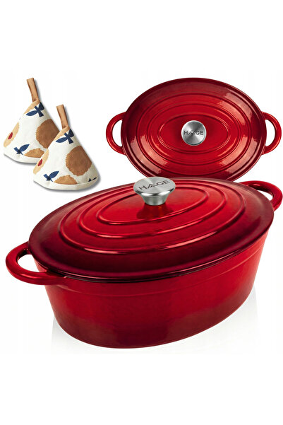 HAGE Oala / vas oval din fonta emailata (roaster) 6 L, rosu intens 34 cm –