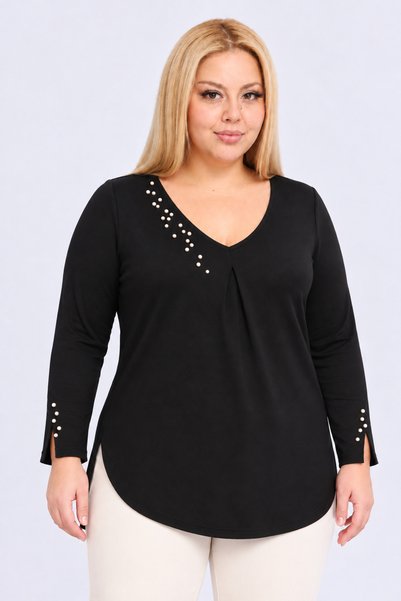 Curvy Trend Büyük Beden İnci İşlemeli Pliseli V Yaka Kol Ucu Yırtmaç Detaylı Tunik