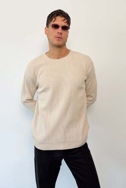 JB John Borners Men's Crew Neck Slim Ribbed Knit Sweater Stone - 27014
