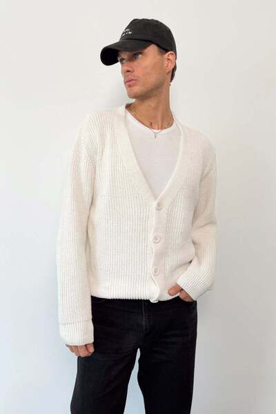 JB John Borners Men's V-Neck Buttoned Knitwear Cardigan Ecru - 26505
