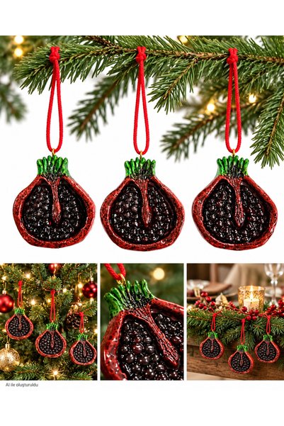 Yenigeldi 3-Piece Pomegranate Figured Christmas Tree Ornament – Red Hanging A...