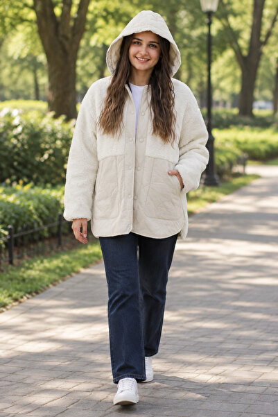 lumberjack Hn-9518 Women's Ecru Color Casual Hooded Coat