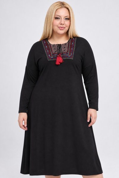 Curvy Trend Büyük Beden Nakış Yakalı Geniş Kesim Uzun Kol Viskon Elbise