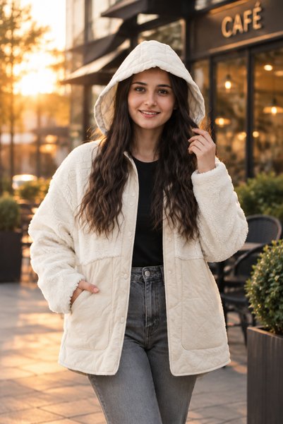 lumberjack Hn-7287 Women's Ecru Color Casual Hooded Coat
