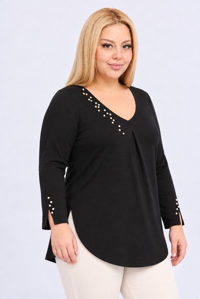 Curvy Trend Büyük Beden İnci İşlemeli Pliseli V Yaka Kol Ucu Yırtmaç Detaylı Tunik