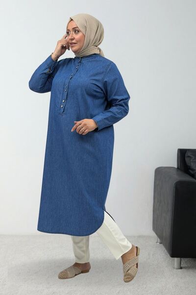 Eslina 68050 Plus Size Half Placket Denim Tencel Tunic - Blue