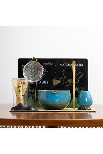 Generic Brand 7-Piece Blue Matcha Set, Creative Kiln Bowl + Whisk