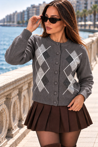 citycenterfashion Cardigan tricotat cu nasturi și model baklava pentru femei ...