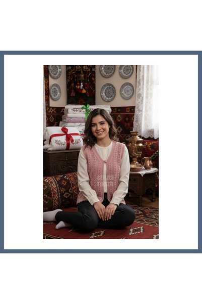 Çeyizlik Yelek, Simli Yelek, Örgülü Yelek, Hediyelik Yelek, Gelin Simli Yelek - Pudra ET1