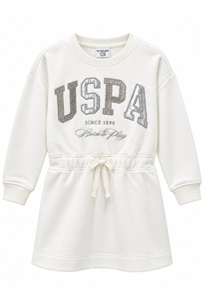 U.S. Polo Assn. Girl's Crew Neck Uspa Printed Sweatshirt Dress Ivory
