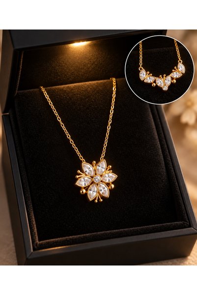 RAME 925 Ayar Gümüş Lotus Çiçeği Zirkon Taşlı Gold Renk Kolye