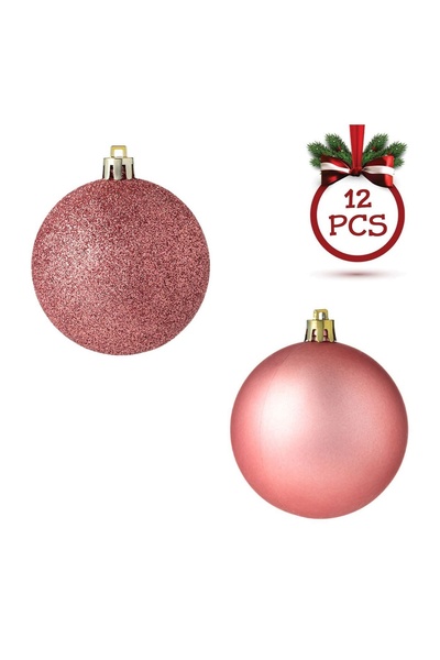 OEM Set de 12 Globuri pentru Brad de Crăciun Rose Gold Mate cu Glitter Ø8 cm