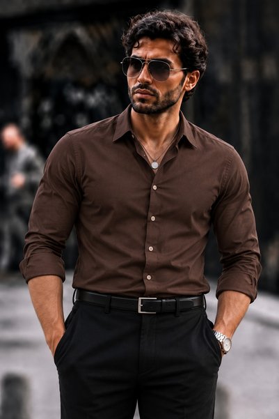 DAMGA JEANS Men's Casual Collared Buttoned Brown Shirt