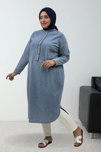 Eslina 68050 Plus Size Half-Patch Denim Tencel Tunic - Snow Wash Ice Blue