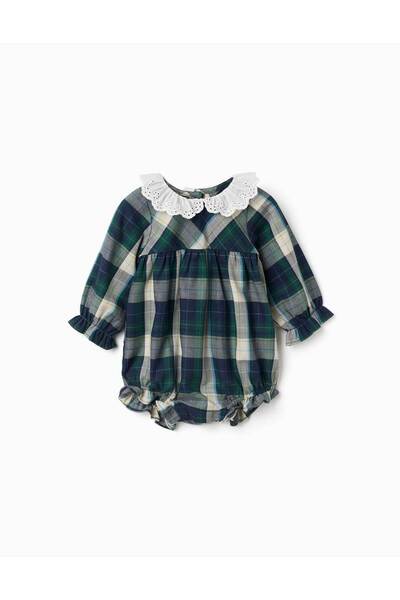 Ziddy Checked Cotton Romper B&S For Newborn Girls, Blue/Green/Beige