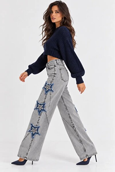 Cool & Sexy Women's Gray Washed Star Appliqué High Waist Wide Leg Jean Trousers