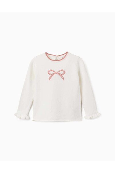 Ziddy Knitted Jumper With Jacquard Bow For Girls, White/Pink
