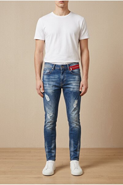 OEM Blugi barbati casual regular fit cu detaliu rosu la buzunar si aspect pre...