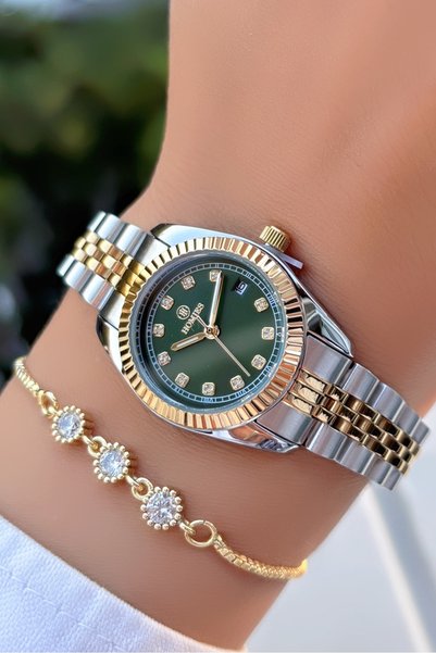 Homies Minimal Case-Gold Green Color-Steel Strap Women's Wristwatch -With Calendar- Bracelet Gift