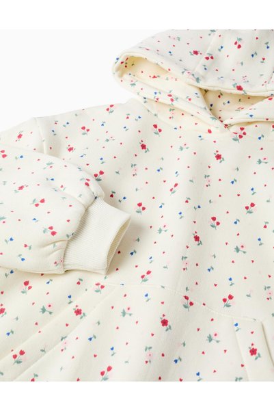 Ziddy Brushed Hooded Sweatshirt With Floral Pattern For Girls, White