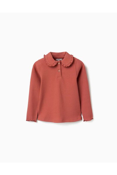 Ziddy Long Sleeve Ribbed T-Shirt With Ruffle Collar For Girls, Terracotta