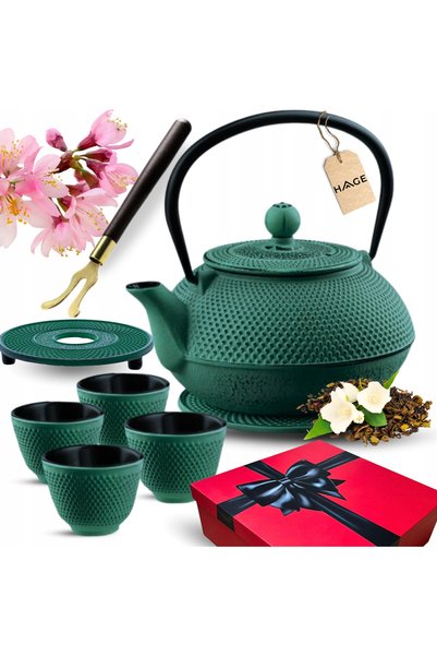 HAGE Set ceainic / fierbator din fonta emailata 900 ml cu 4 cesti, verde, sup...