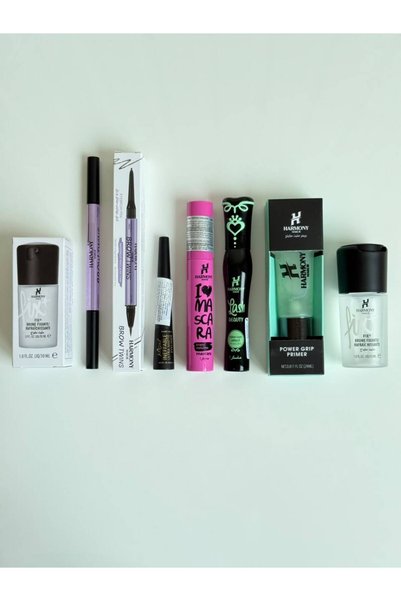 HARMONY MAKUB Harmony Professional All-In-One Set: Makeup Setting Spray, Skin-Refining Primer, Dual Liquid Eyebrow Pencil, Matte Liquid Eyeliner, and Ultra-Volume Mascara Duo, and False Eyelashes.
