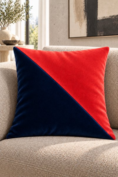 Çift Renkli Düz Kaliteli Kadife Kırlent Kılıfı 42x42 cm, Çapraz Panelli| Lacivert-Kırmızı(Narçiçeği Tonlarında)
