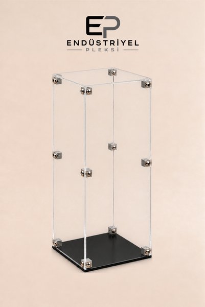ep endustriyel pleksi 25x25x35 cm Dikey Şeffaf Pleksi Display Box Premium Vitrin Ürün Sergileme Kutusu Siyah Taban