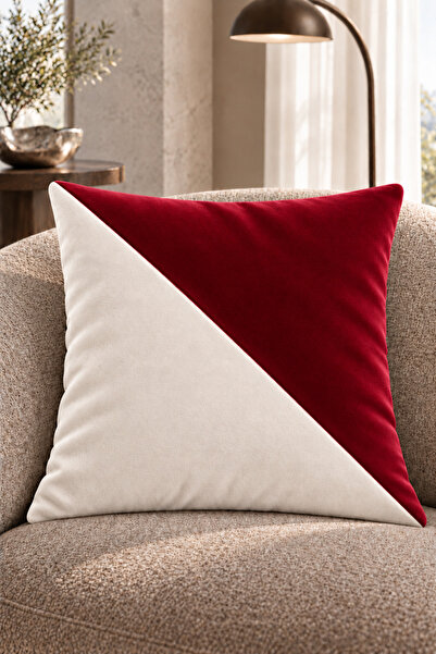 Çift Renkli Düz Kaliteli Kadife Kırlent Kılıfı 42x42 cm, Çapraz Panelli| Ekru-Bordo
