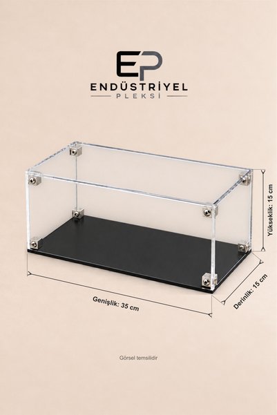 ep endustriyel pleksi 35x15x15 cm Dikdörtgen Şeffaf Pleksi Display Box Premium Ürün Sergileme Kutusu Mat Siyah Taban