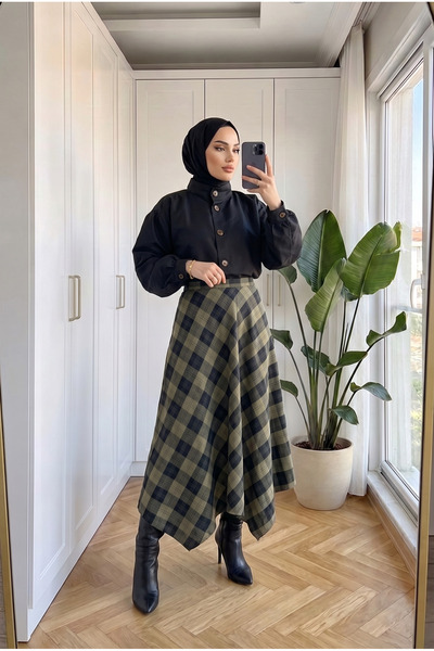 Kirazca Butik Women's Plaid Patterned High Waist Flared Long Skirt