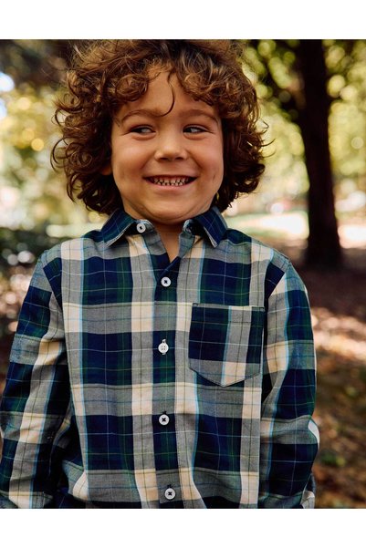 Ziddy Long Sleeve Checked Cotton Shirt B&S For Boys, Blue/Green/Beige