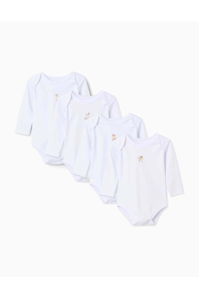 Ziddy Pack Of 4 Long Sleeve Cotton Bodysuits With Prints For Babies, White