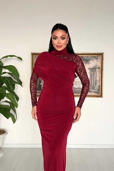 giyimmasalı Sandy Kumaş Dantel Detaylı Elbise - BORDO