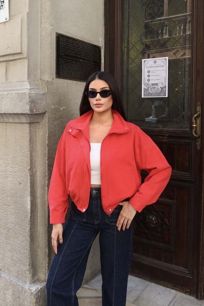 KECHİ WOMAN Gabardine Fabric Zippered Lined Jacket Red