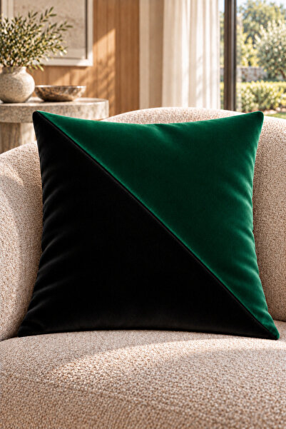 Çift Renkli Düz Kaliteli Kadife Kırlent Kılıfı 42x42 cm, Çapraz Panelli| Siyah-Yeşil