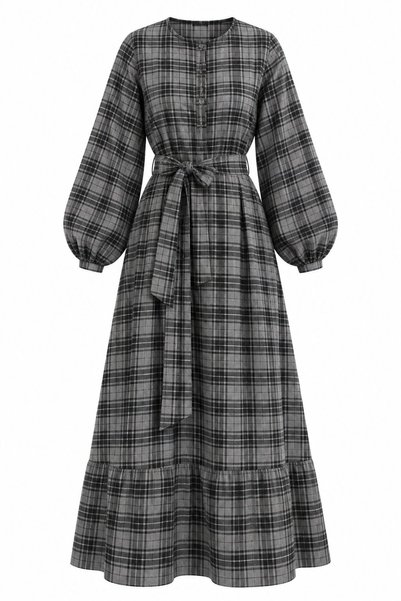 Laluvia Gray Plaid Belted Long Dress - 2Y1235